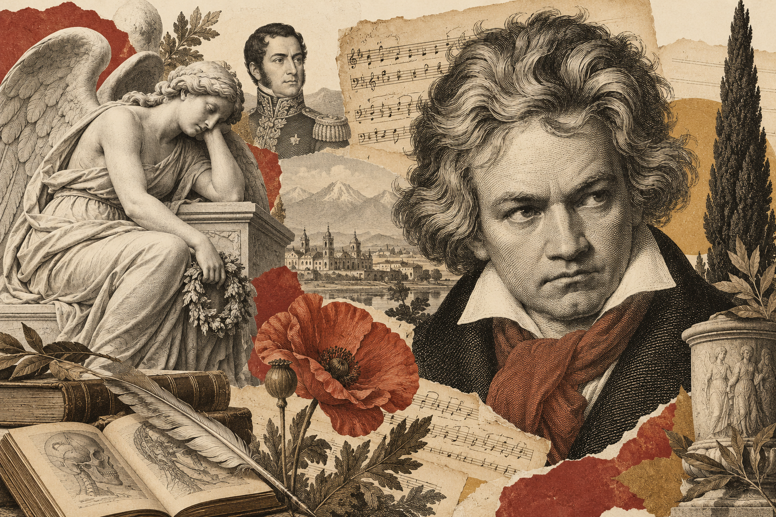 Collage ilustrado de Beethoven, un ángel funerario, partituras y motivos botánicos